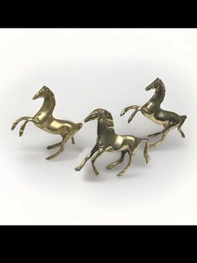Vintage Solid Brass Horse Figures Rearing Trotting Running Equestrian MCM 3 Set